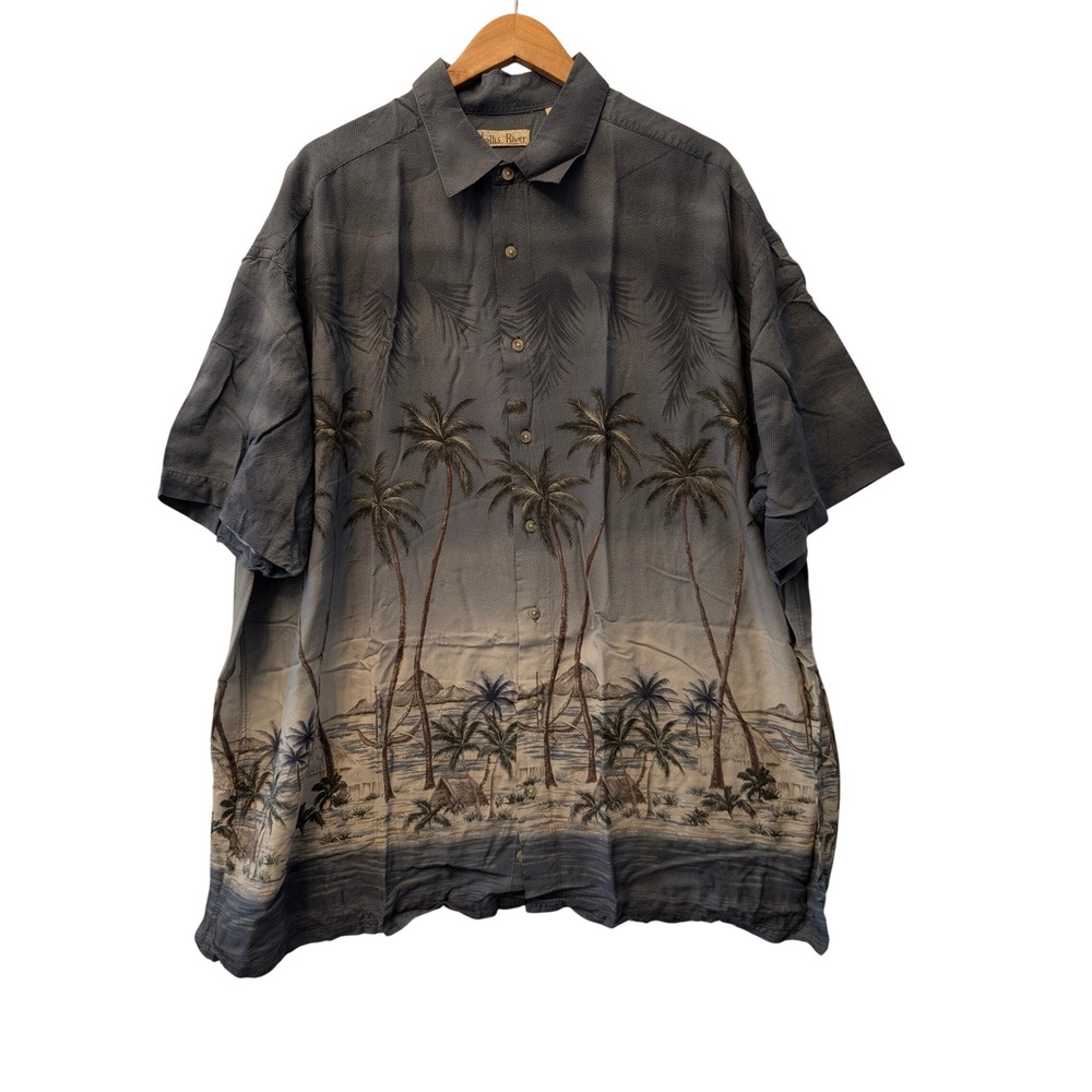 Hollis River Button Front Shirt Mens 2XL Blue Rayon Tropical Palm Tree Excellent